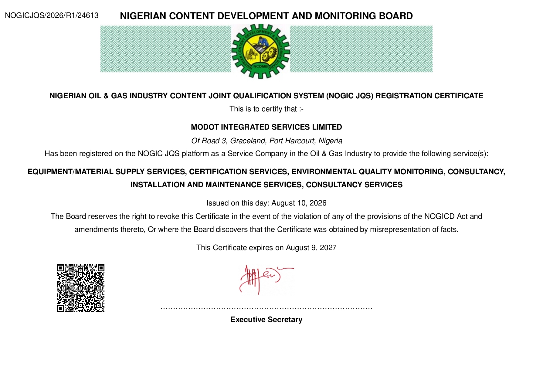 NOGIC JQS Registration Certificate